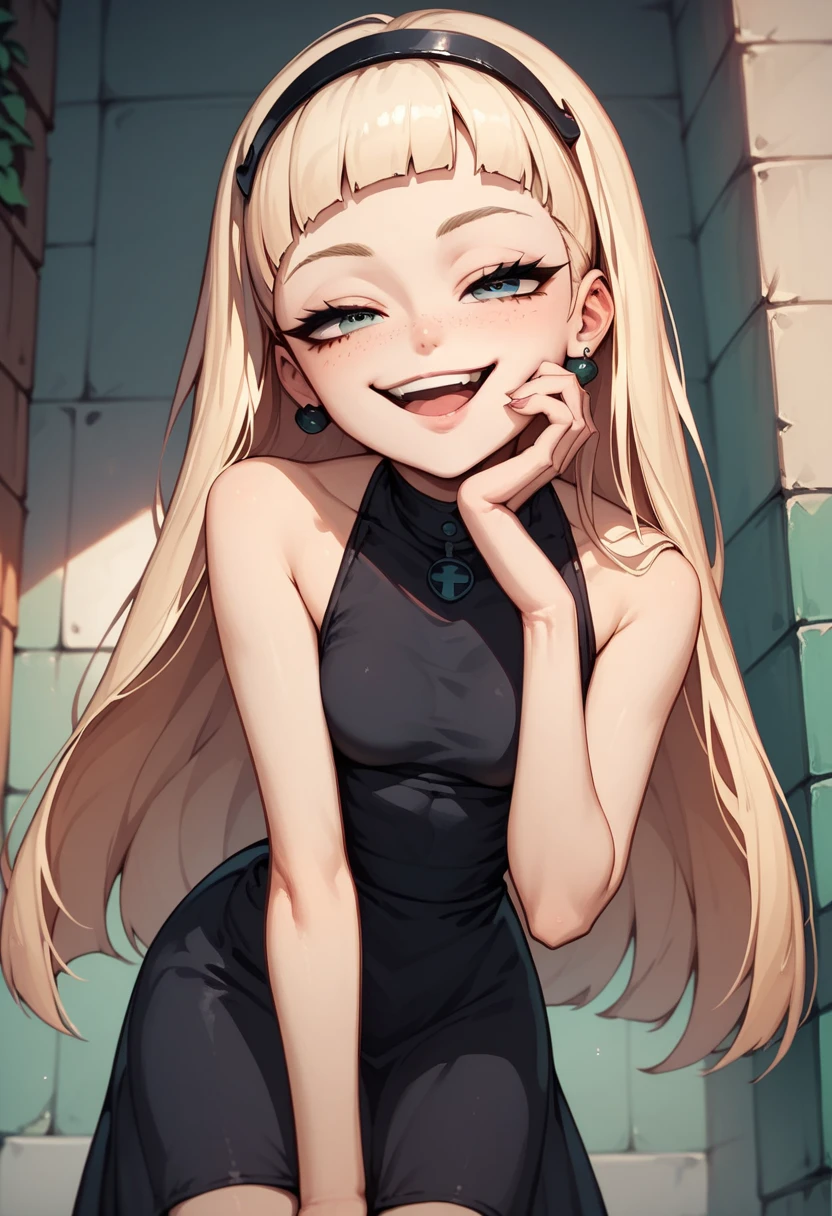 Anime female android, cute and upbeat, yet impatient and desperate, smug face, petite body, sexy, dark dress