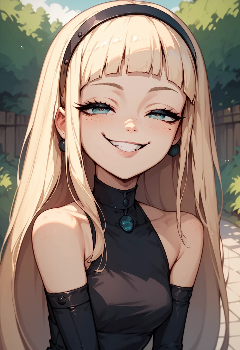 Anime female android, cute and upbeat, yet impatient and desperate, smug face, petite body, sexy, dark dress