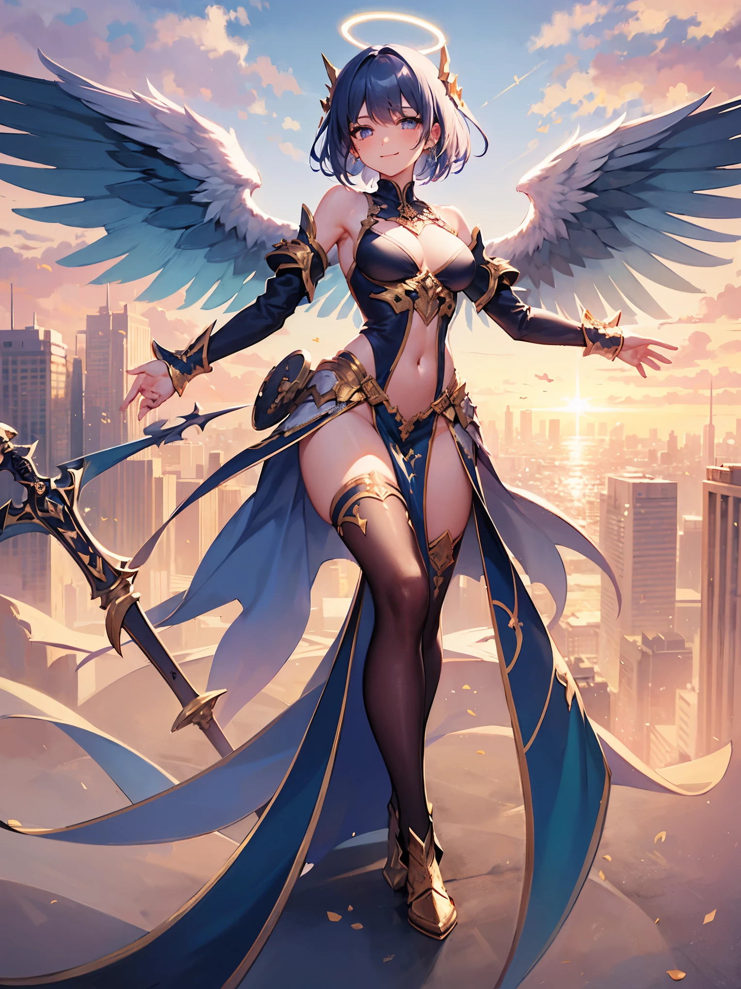 fantasy, 1angel_girl,, ,brown_hair, medium_bob_hair, long_bangs, halo,bare_shoulder,thighhighs,silver_armor, waist_armor, large_breasts,angry,grinning,open_mouth_teeth, 1pair_wings, dynamic_pose_fighting,floating, bare_crotch, headgear,gauntlet, greaves,city_sky_background,slightly_spread_legs, solo, groin_naked,dark_skin,