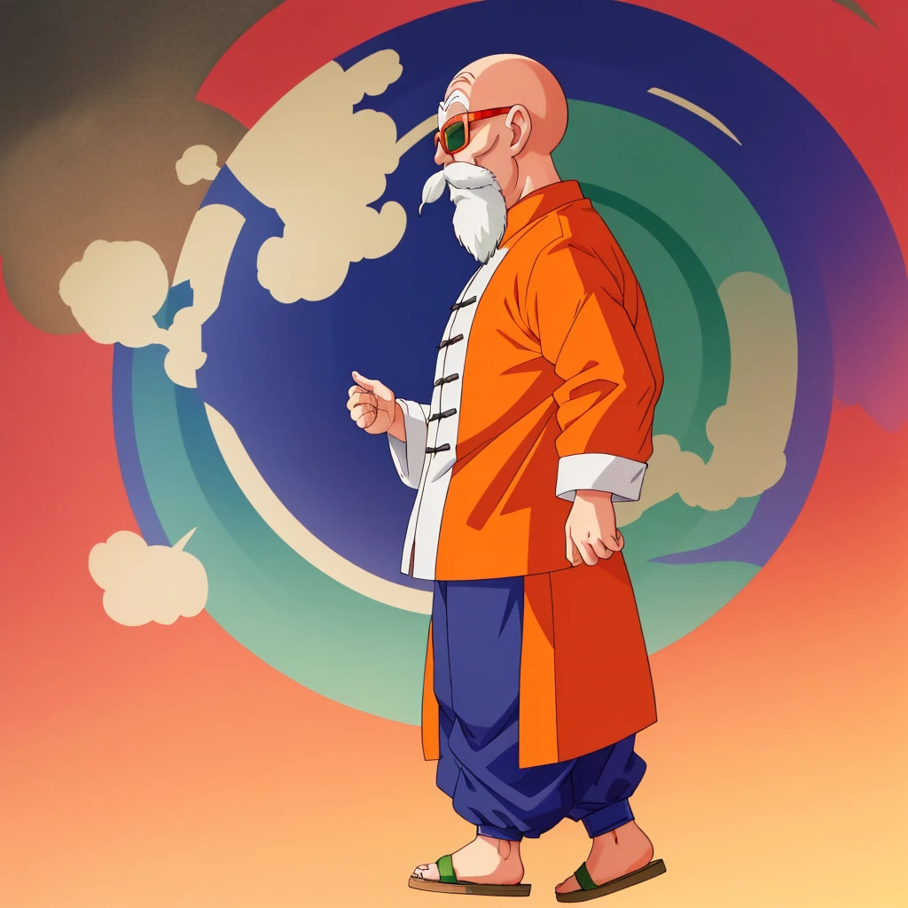 muten roushi, back side.old man, black eyes,bald, facial hair, beard, mustache, white hair, chinese clothes, orange jacket, blue pants, sunglasses, red-framed eyewear, green-tinted eyewear,full body.Three-quarter side view,
