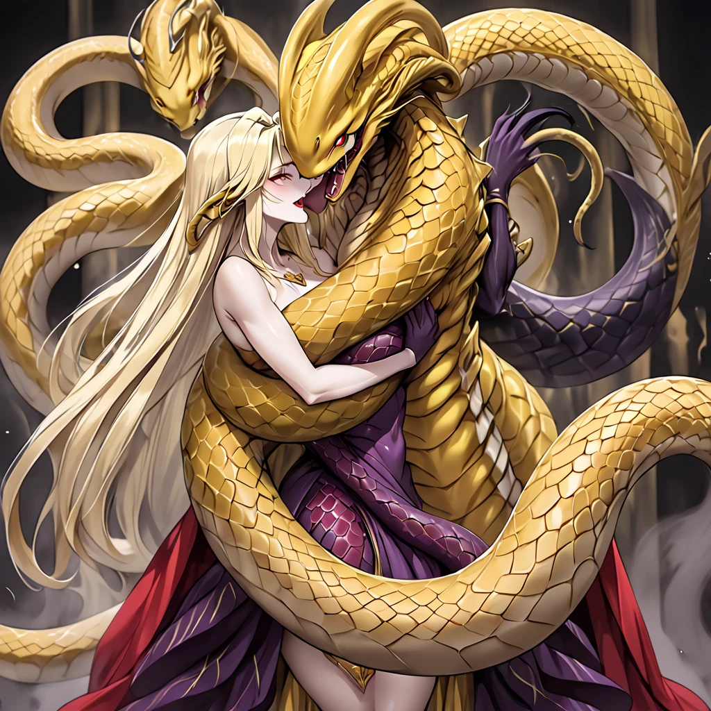 Snake Man is the wife of the devil king, passionately hug each other, passionately kiss each other, and love each other deeply and passionately as a married couple, an ugly alien snake like Lamia and Gorgon who love each other by breeding sexual intercourse with the devil couple The woman from the devil queen is blonde Fate Testarossa, her body is covered with scales, is naked, her lower body is a snake, and her body is completely in the form of a snake, and the vivid human snake with tail and snake eyes, exposes all of the naked body of the snake devil、(( best quality)), ((masterpiece)), ( Details), （ perfect face）,The Snake Man is a blond Fate Testarossa with excellent proportions 