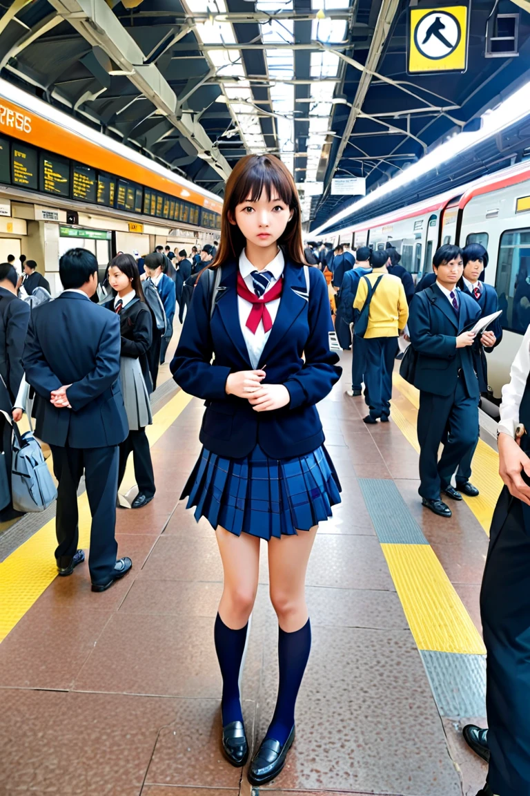 (super high quality:1.3), masterpiece, (high definition), HDR, 8k, school girl standing in uniform, crowded Busy Train Station,