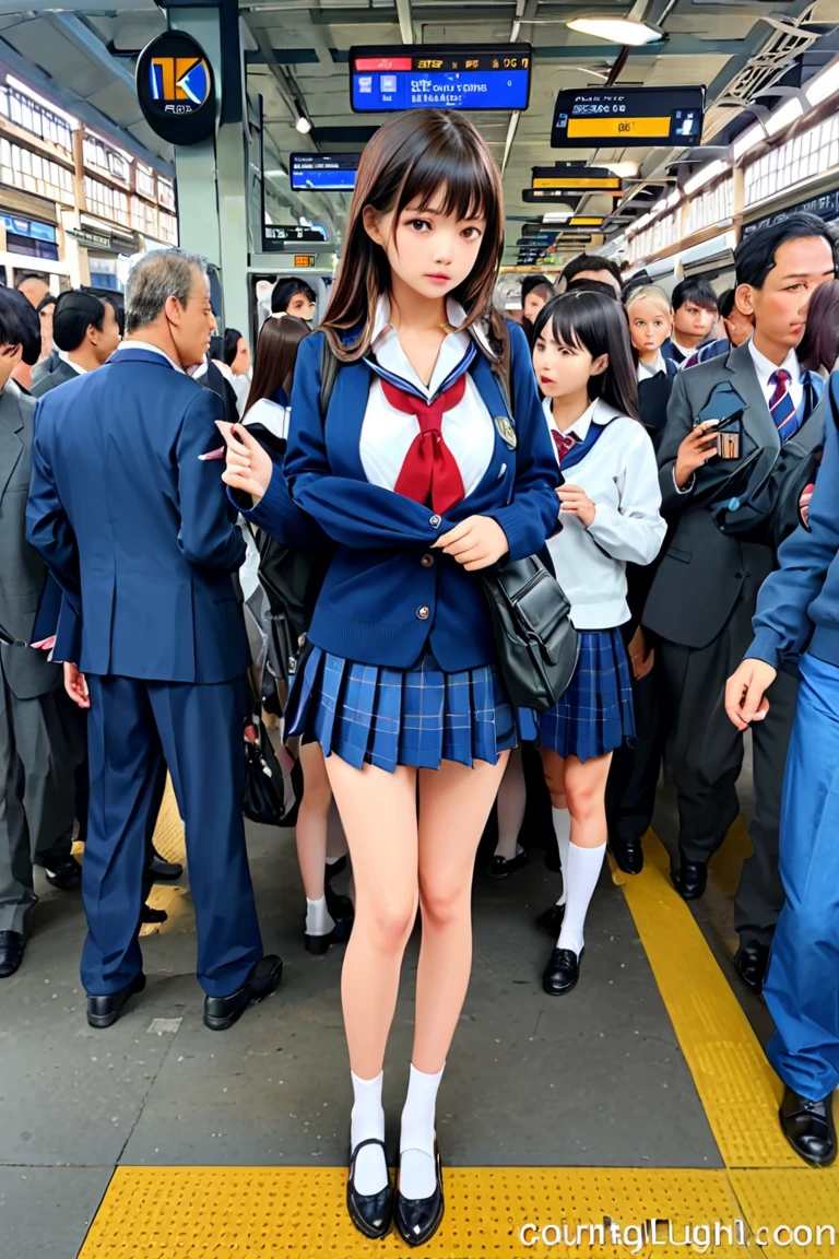 (super high quality:1.3), masterpiece, (high definition), HDR, 8k, school girl standing in uniform, crowded Busy Train Station,