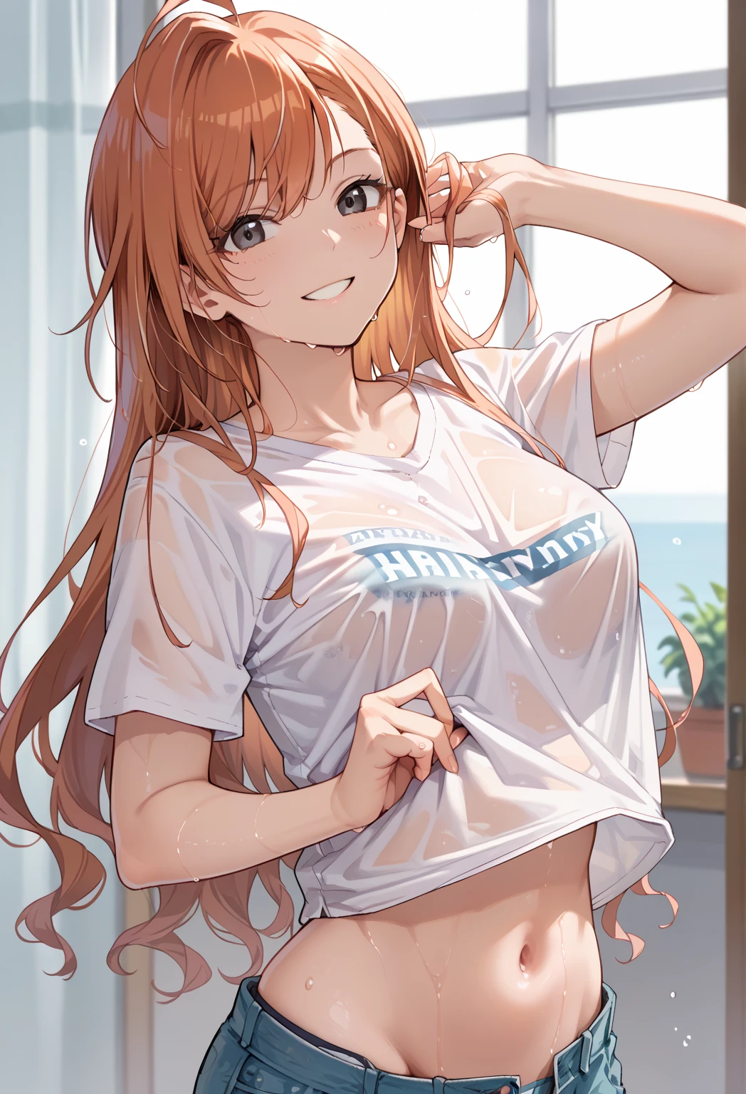 natsuhaarisugawa, 1girl, solo, orange hair, long hair, ahoge, swept bangs, black eyes, smile, large breasts, wet shirt, white T-shirt, no bra, navel, blue shorts, denim shorts, upper body