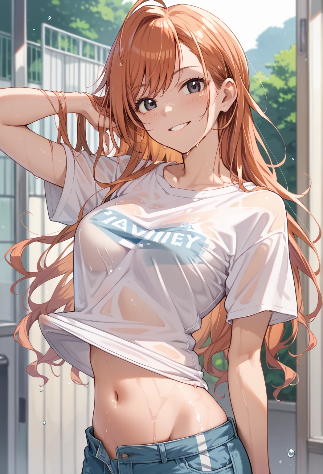 natsuhaarisugawa, 1girl, solo, orange hair, long hair, ahoge, swept bangs, black eyes, smile, large breasts, wet shirt, white T-shirt, no bra, navel, blue shorts, denim shorts, upper body