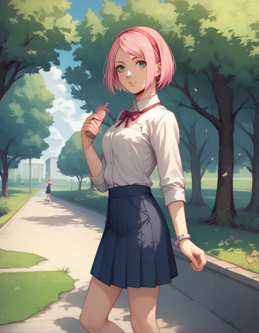 score_9,score_8_up,score_7_up, source_cartoon,,sakura haruno, pink hair, green eyes, short hair, sleevless, standing, in park, short grass, blue sky, 