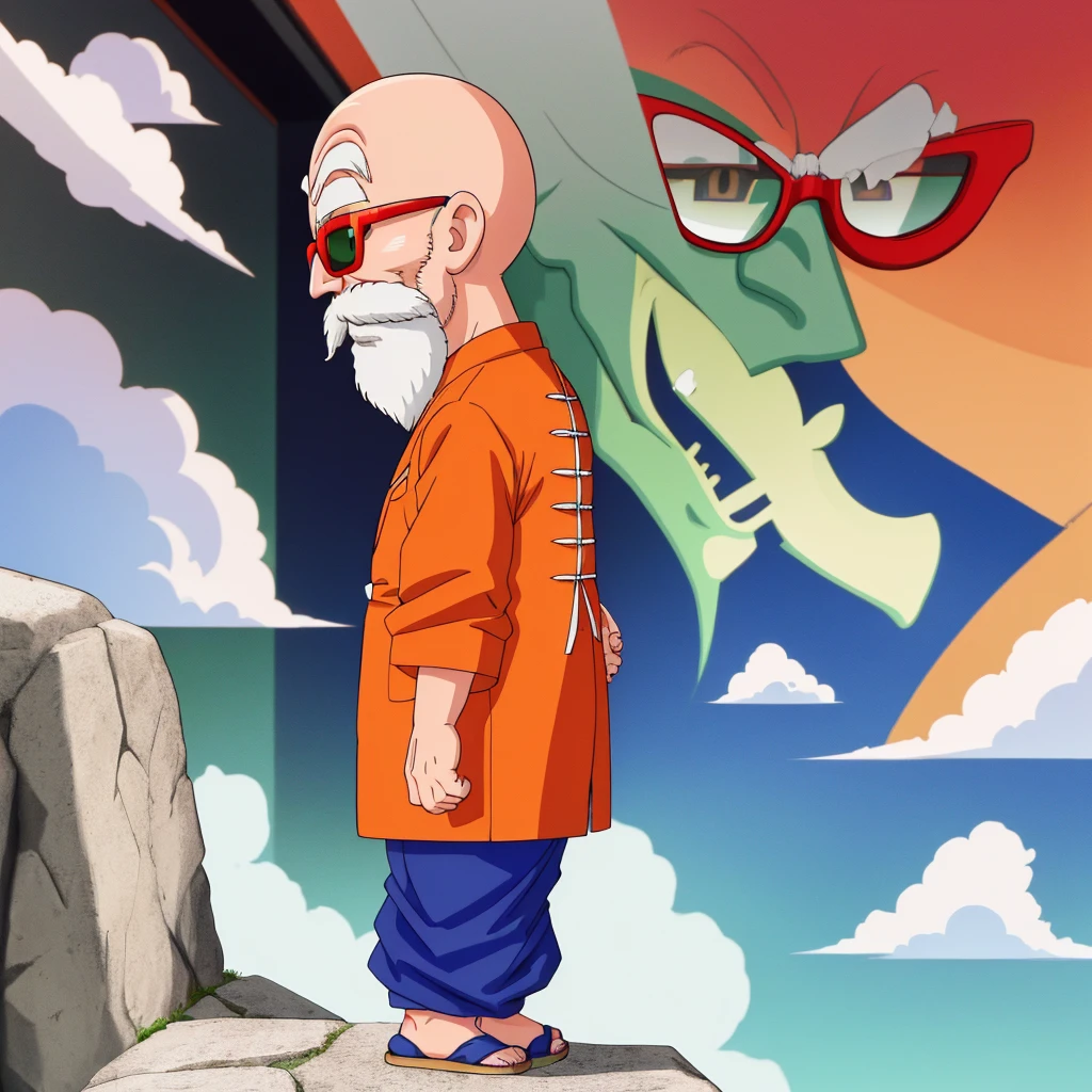 muten roushi, back side.old man, black eyes,bald, facial hair, beard, mustache, white hair, chinese clothes, orange jacket, blue pants, sunglasses, red-framed eyewear, green-tinted eyewear,full body.Three-quarter side view,
