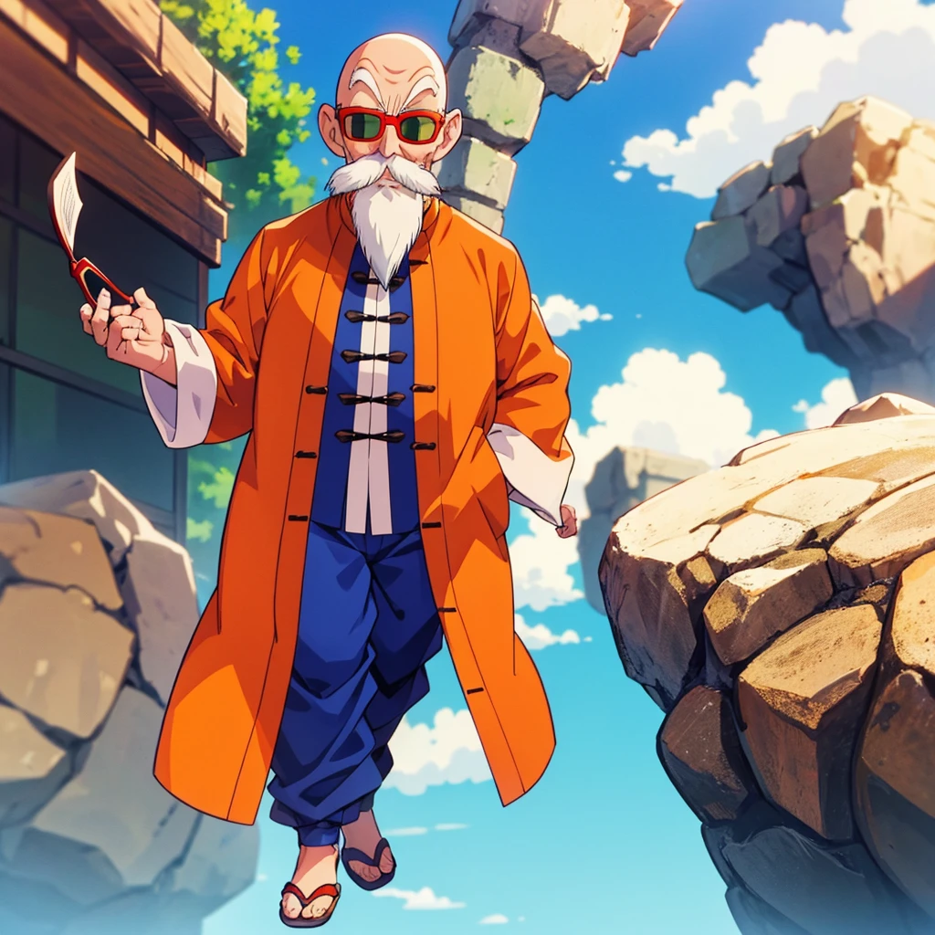 muten roushi, back side.old man, black eyes,bald, facial hair, beard, mustache, white hair, chinese clothes, orange jacket, blue pants, sunglasses, red-framed eyewear, green-tinted eyewear,full body.