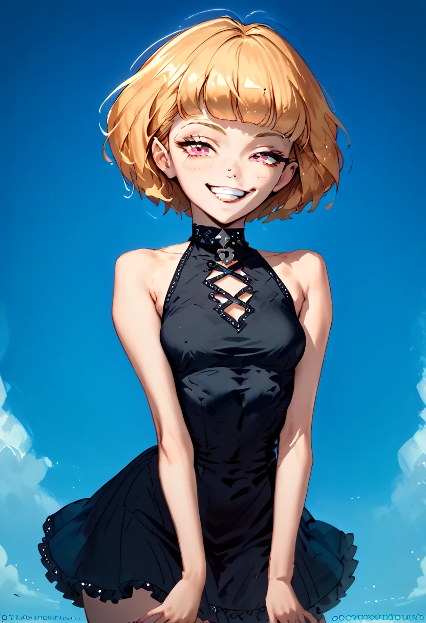 Anime female android, cute and upbeat, yet impatient and desperate, smug face, petite body, sexy, dark dress