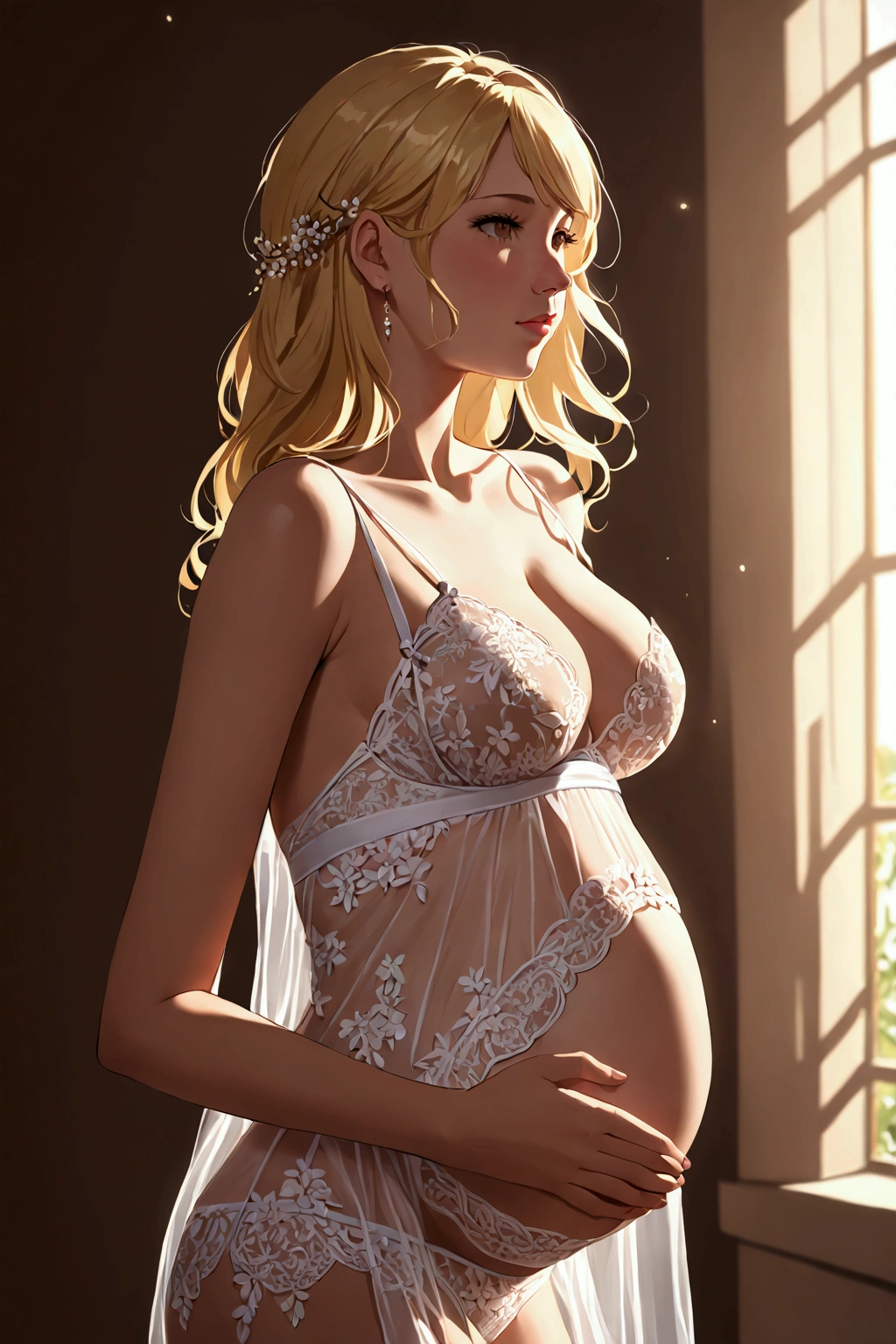 A beautiful blonde pregnant teenager in lingerie.