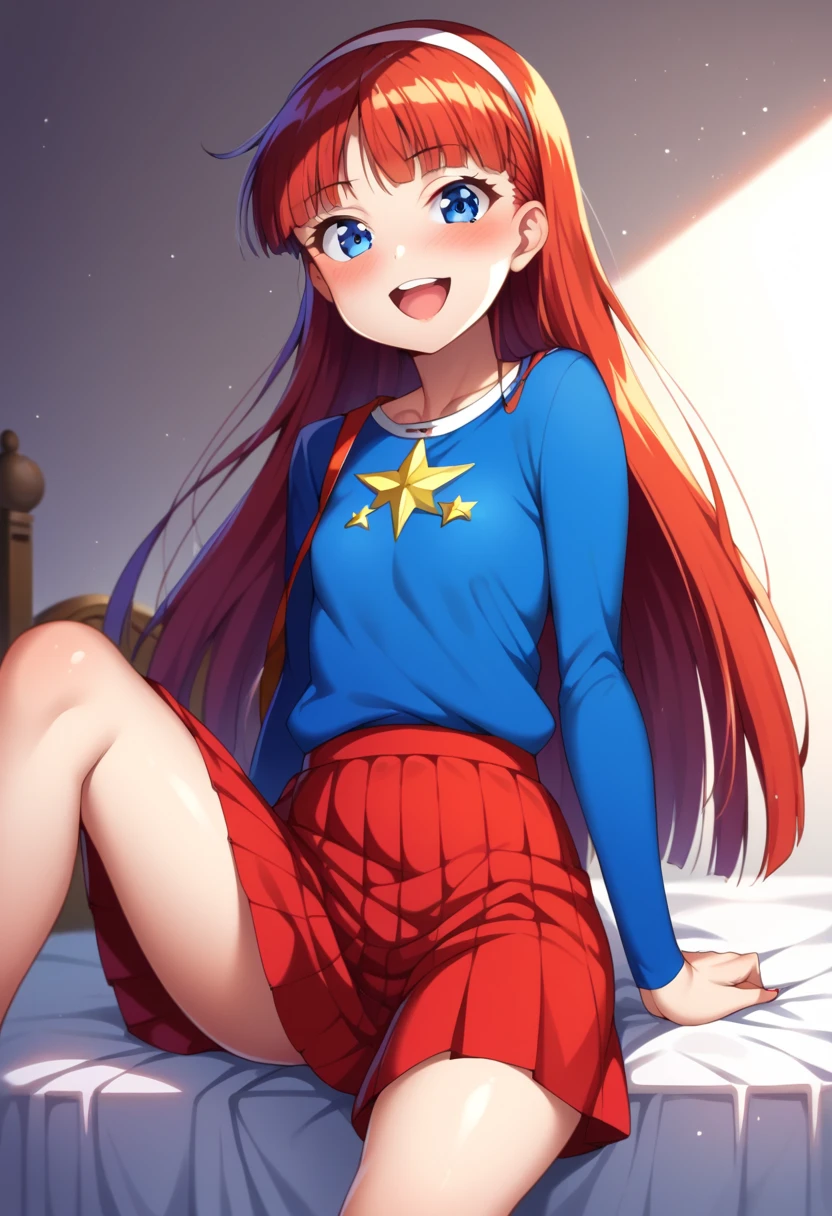 (( best quality)), ((masterpiece)), (be familiar with),  perfect face, indoor, bedroom,  viewer,
One woman,  Yukiko Aikina,
 open mouth,  ecstatic expression with hands in front of body, blush, smile,
Small breasts,  flat chested, Young girl, Lori,  ,  girl,
 long hair,  Long Hair,
Leg spread,