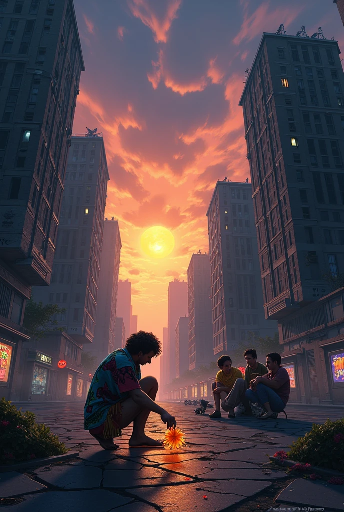 In a haunting and vibrant dystopian city at dusk, a curious  wearing colorful, tattered clothing kneels beside a single vivid flower that defiantly blooms through a crack in the crumbling pavement. Towering, decaying skyscrapers loom in the background, their shattered windows reflecting the warm hues of a dying sun. The sky, a dramatic swirl of dark clouds laced with streaks of orange and purple, casts an ethereal light over the scene. Nearby, a group of weary adults gathers around a flickering holographic display showcasing faded memories of a brighter past. Their faces bear expressions of nostalgia and quiet determination as they discuss the way forward. The air is thick with the scent of rain-soaked earth mingling with rust, creating a bittersweet atmosphere. This poignant moment captures the delicate balance between despair and the unyielding spirit of hope, as the  reaches out to the flower, a symbol of resilience against all odds,aidmaimageupgrader,Midjourney_Whisper,aidmaMJ6.1