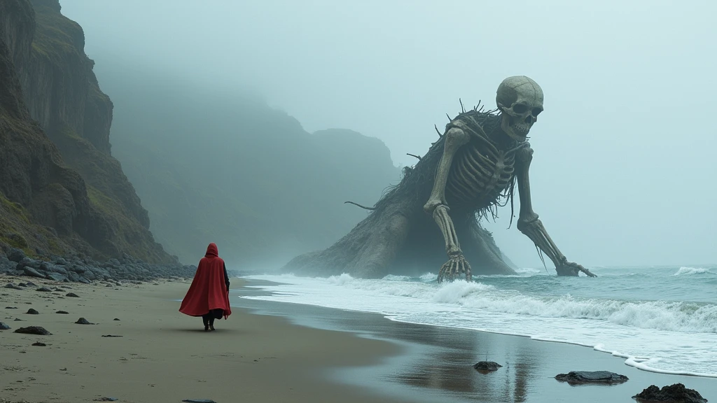 In rapidly polluted waters,There is a mutated human crawling from the sea to the shore,Vomiting mucus in the mouth,The facial features spray nausea,Unknown marine life,Armageddon,Wasteland,sandbeach,junk,dead body,The end of the world,blood red colored sky,8K