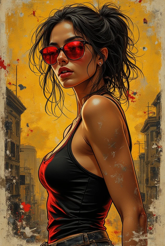 "A bold and rebellious young woman in an urban street art style with an emphasis on strong, thick brushstrokes. Her posture is confident and defiant, with tousled hair that adds to her wild, free-spirited look. She is wearing striking red reflective sunglasses, which are the focal point of the image. Her expression is confident and seductive, with a slight smirk on her lips, conveying self-assurance and power.

The art style leans heavily into graphic, screen print-inspired techniques with exaggerated, thick, aggressive lines and high contrast. The background features an abstract urban chaos with elements like splattered paint, grungy textures, and broken shapes, giving the feel of a rebellious, underground aesthetic.

The color palette consists of deep blacks for shadows and outlines, paired with strong, contrasting reds that make her sunglasses and accent marks pop. The base of the image is in warm, faded yellows and beige tones, providing a gritty, worn-out feel.

The figure is powerfully outlined with bold lines, drawing the viewer's attention to her curves and youthful, rebellious aura. The use of rough, handmade textures and an imperfect color finish makes the image feel raw, real, and rebellious, reflecting the essence of underground street art culture.

The woman's beauty is evident, but her strength and confident attitude shine through, making her the embodiment of raw, rebellious energy. The overall composition exudes power and defiance, with a style that's more graphic, gritty, and filled with aggressive strokes."