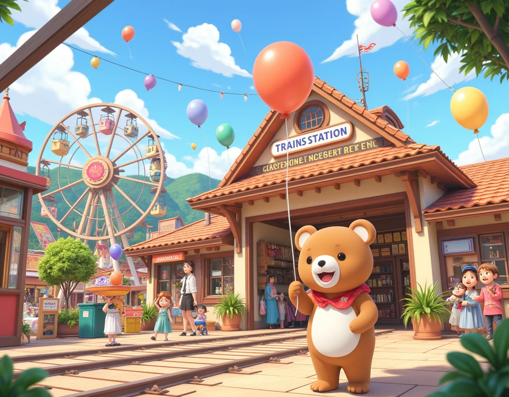 ((masterpiece:1.2, super detail, high quality, best quality,  highres icon, Best illustration)), Station with a cute design , Scenery in front of the station , The entrance to the station can be seen, fun, fun雰囲気, Ferris Wheel,  balloon dancing BREAK cute bear costume,  face like Rilakkuma,  BREAK holding a red balloon BREAK a smiling  , Families, Lined with food stalls