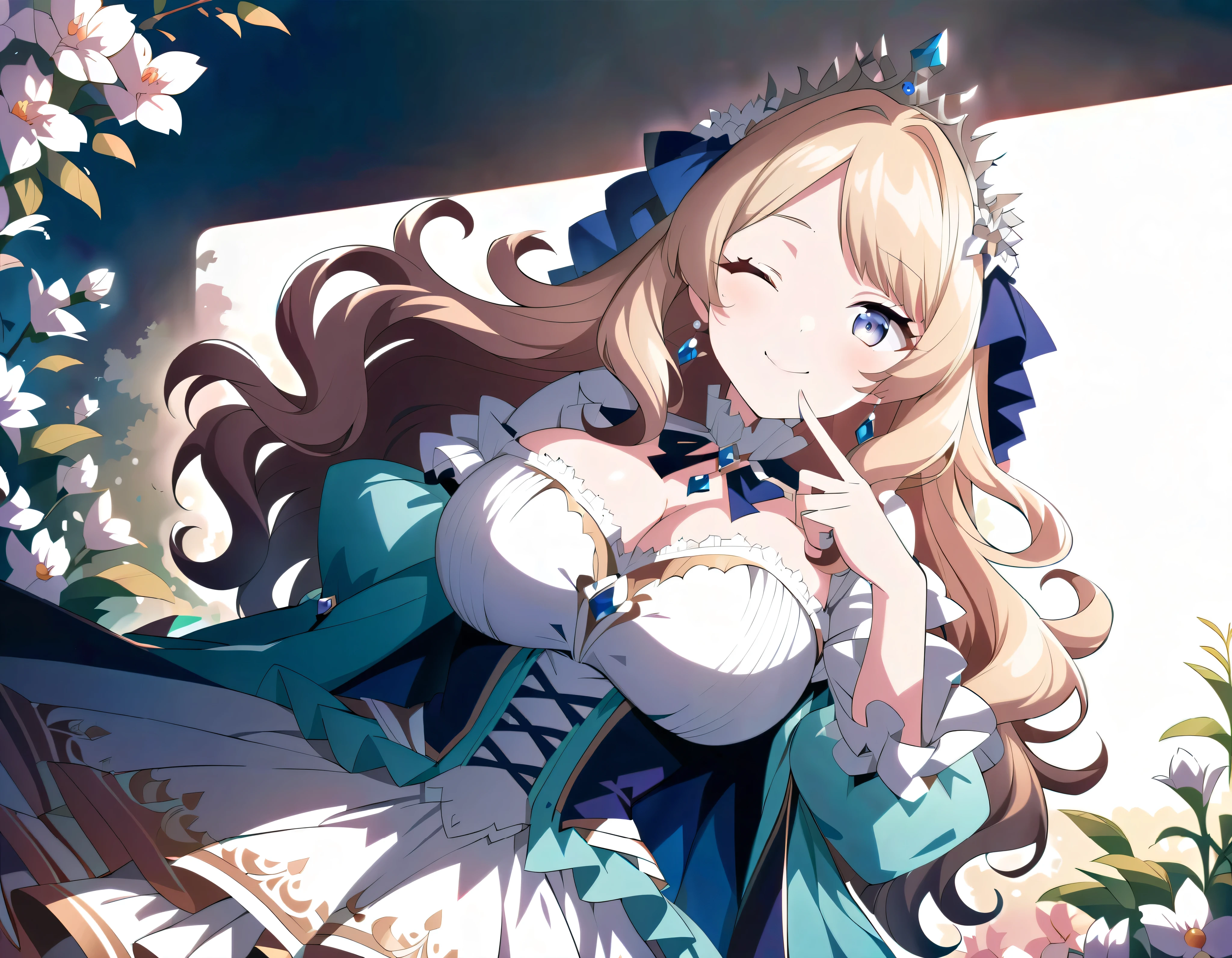 (ultra detailed), (highest quality), (high resolution), (voluminous frills rococo victorian gown with volume and expanse pleated hoop skirt), (delicate and transparent satin lace fabric), gorgeous embroidery and jewels extremely rococo royal princess gown, huge Breasts, breast focus, super detailed skin, (solo young face princess), luxurious ruffle gown, 
BREAK 
(hair blond hair), fluffy shiny hair, curly hair, (((asymmetry bangs))), pretty jeweled tiara, crystal earrings, beautiful eyes, faint lips, delicate face, smile, one eye closed, finger to mouth, KAWAII face, (anime girl:1.7), 
BREAK 
looking at viewer, from below, from front view, (depth of field, face focus), caustics, (((floral background))), (moe anime art style:1.3), (dynamic angle), best quality illustration, unrealistic beautiful digital art, ((precise detail down to the smallest detail face)), (dutch angle),