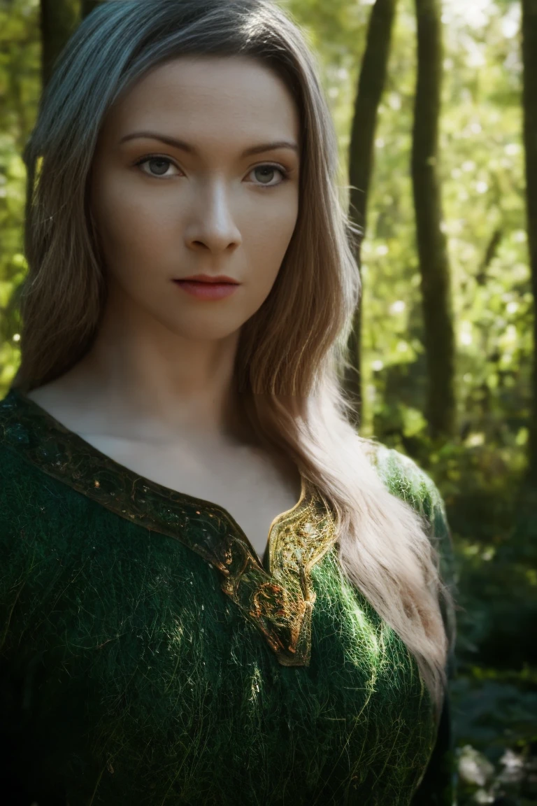 Half-body portrait of Galadriel in a Magic Forest. Detailed face, intricate, realistic, 4K, skin Textures, glowing, masterpiece, best quality.