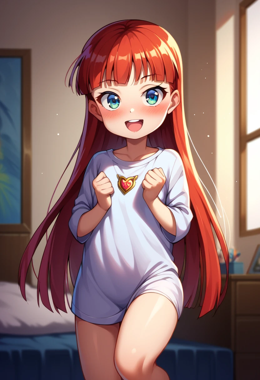 (( best quality)), ((masterpiece)), (be familiar with),  perfect face, indoor, bedroom,  viewer,
One woman,  Yukiko Aikina,
 open mouth,  ecstatic expression with hands in front of body, blush, smile,
Small breasts,  flat chested, Young girl, Lori,  kids,  girl,
 long hair,  Long Hair,
Leg spread,