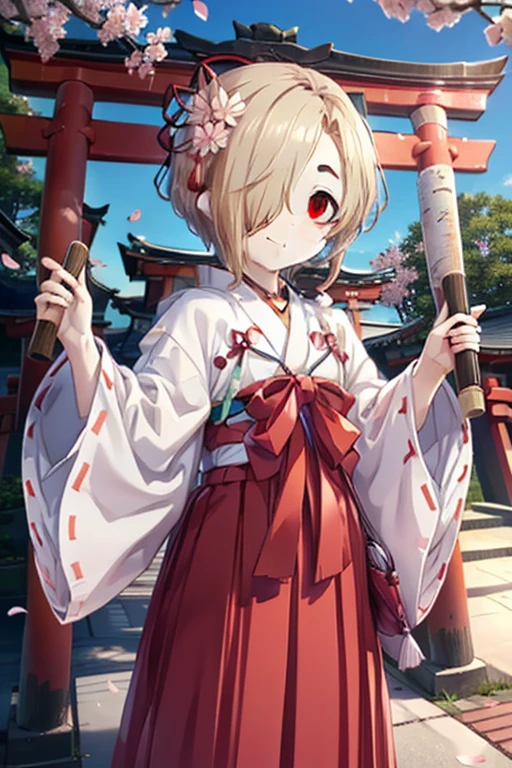 ,smile,, open your mouth ,Bellflower,Shrine maiden, white kimono, Red Hakama,kimono, Same as skirt, wide sleeve,  Long Sleeve , ribbon trim sleeve, 
 in,  standing, Cherry blossoms are blooming, Cherry Blossoms Are Scattering ,noon,sunny,sunny,
break outdoors, shrine,torii,
break looking at viewer,
break (  Masterpiece :1.2),   best quality ,  high definition ,  Unity 8K Wallpaper, (shape:0.8), (緻密in美しい瞳:1.6),  highly detailed face,  perfect lighting,  Highly Detailed CG, (  Perfect Hand,   Perfect Anatomy  ),, (((Shirasaka Koume,  blonde hair ,  hair covering one eye ,  shorthair,  Brown Eyes ,  flat chested)))
