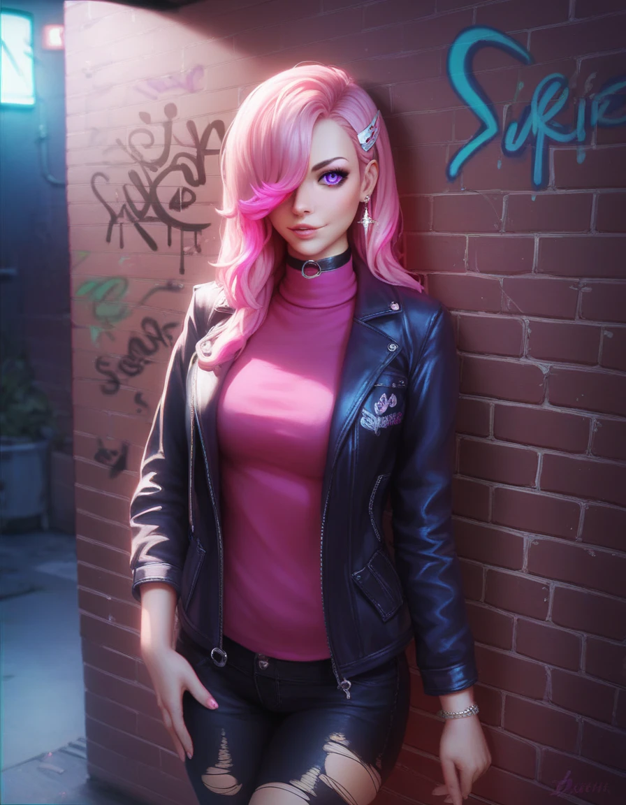(((medium full shot))), (photorealistic, photorealism, best quality, ultra-detailed:1.3), (nice hands, perfect hands), official art, cinematic light, (1girl:1.3), adult, realistic, long hair, pink hair, red head ornament, pink highlights, hair over one eye, purple eyes, earrings, sharp eyes, choker, neon torn shirt, torn legwear, open jacket, night,against wall, brick wall, graffiti, dim lighting, alley, looking at viewer