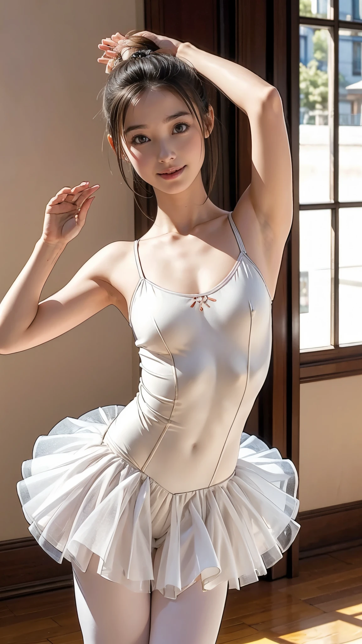  girl, 最 High Quality ,  high definition , photorealistic,   Perfect Anatomy  , smile,  very detailed,  detailed face ,  detailed body ,  High Quality ,  ballet dancers, cold,  cute girl, :1.4, Young Face,  small breasts, ballerina,  very slim:1.5,  very slimな腰:1.4,   sexy standing pose  ,   raise your arms  :1.4,  and show your armpits:1.4, Ballet Dance Room