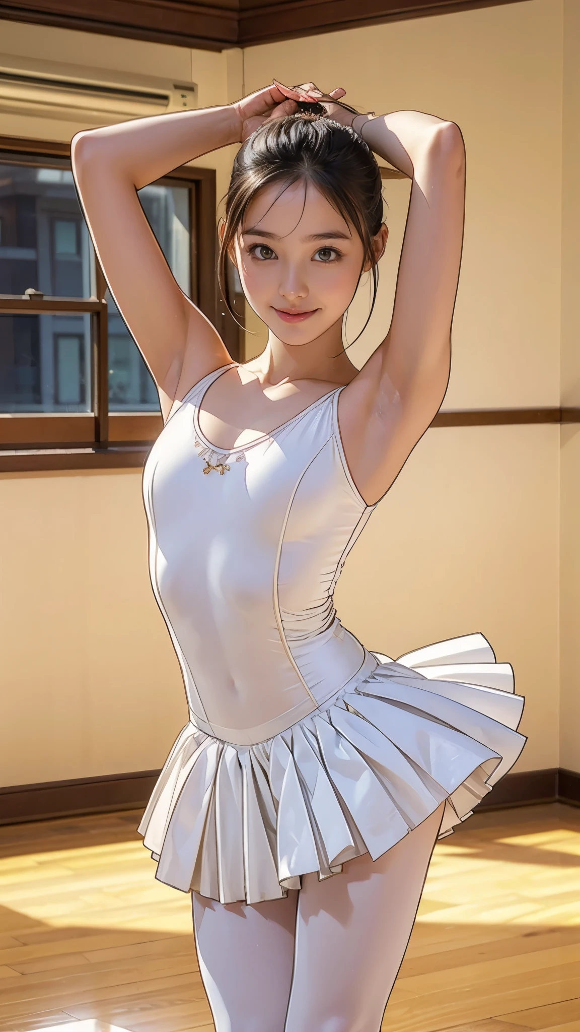  girl, 最 High Quality ,  high definition , photorealistic,   Perfect Anatomy  , smile,  very detailed,  detailed face ,  detailed body ,  High Quality ,  ballet dancers, cold,  cute girl, :1.4, Young Face,  small breasts, ballerina,  very slim:1.5,  very slimな腰:1.4,   sexy standing pose  ,   raise your arms  :1.4,  and show your armpits:1.4, Ballet Dance Room