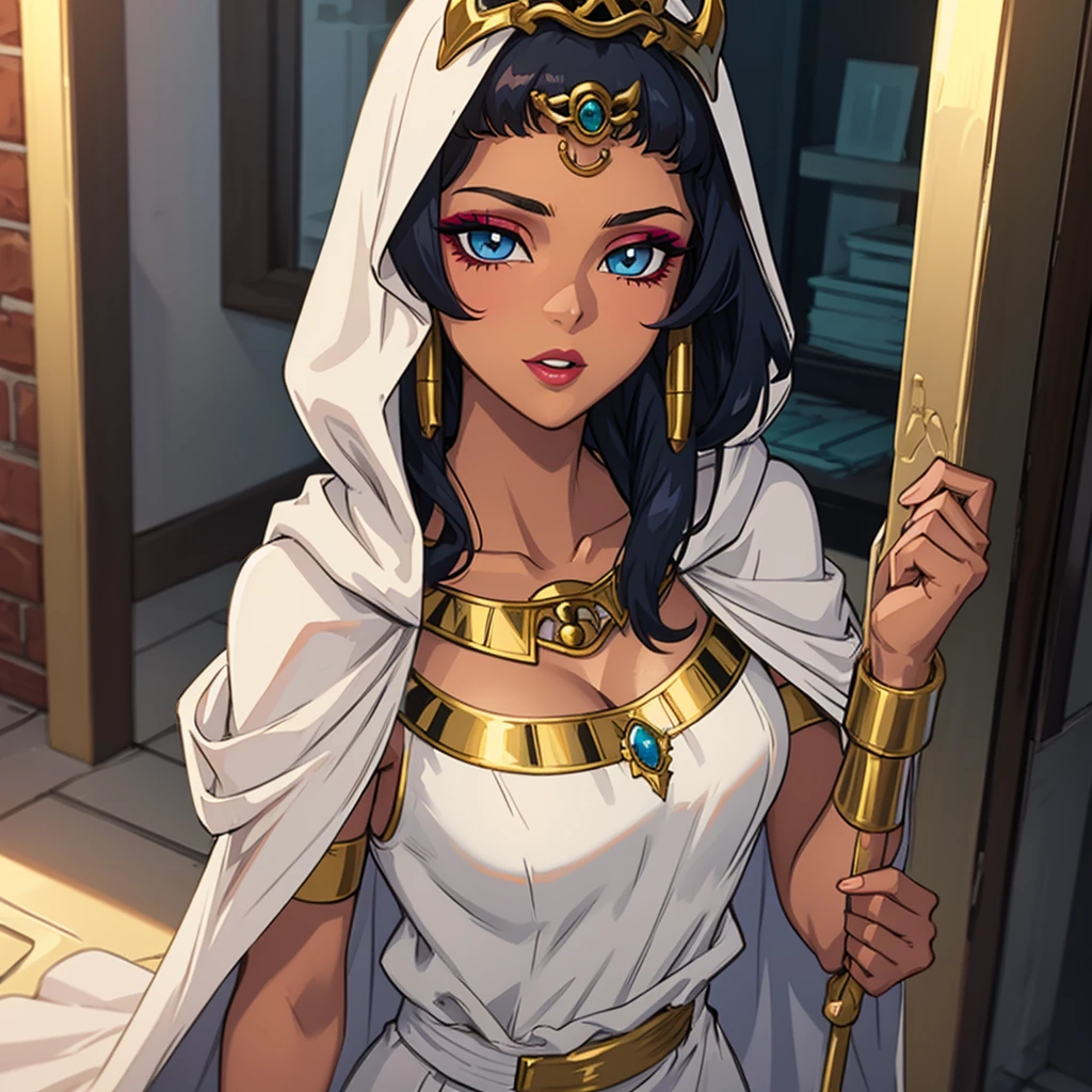 ANIME_YuGiOh_IshizuIshtar_ownwaifu,
1girl,  dark skin, dark-skinned female, blue eyes, black hair, long hair, breasts, collarbone, medium breasts, lips, lipstick, makeup,
eye of horus, jewelry, egyptian, hood, dress, necklace, bracelet, armlet, cape, egyptian clothes, crown, ankh, white dress, hair tubes, cleavage, cloak, eyeshadow, forehead jewel,
(masterpiece),(best quality),(highres),(extremely detailed CG unity 8k wallpaper), solo, feminine pose, happy, 