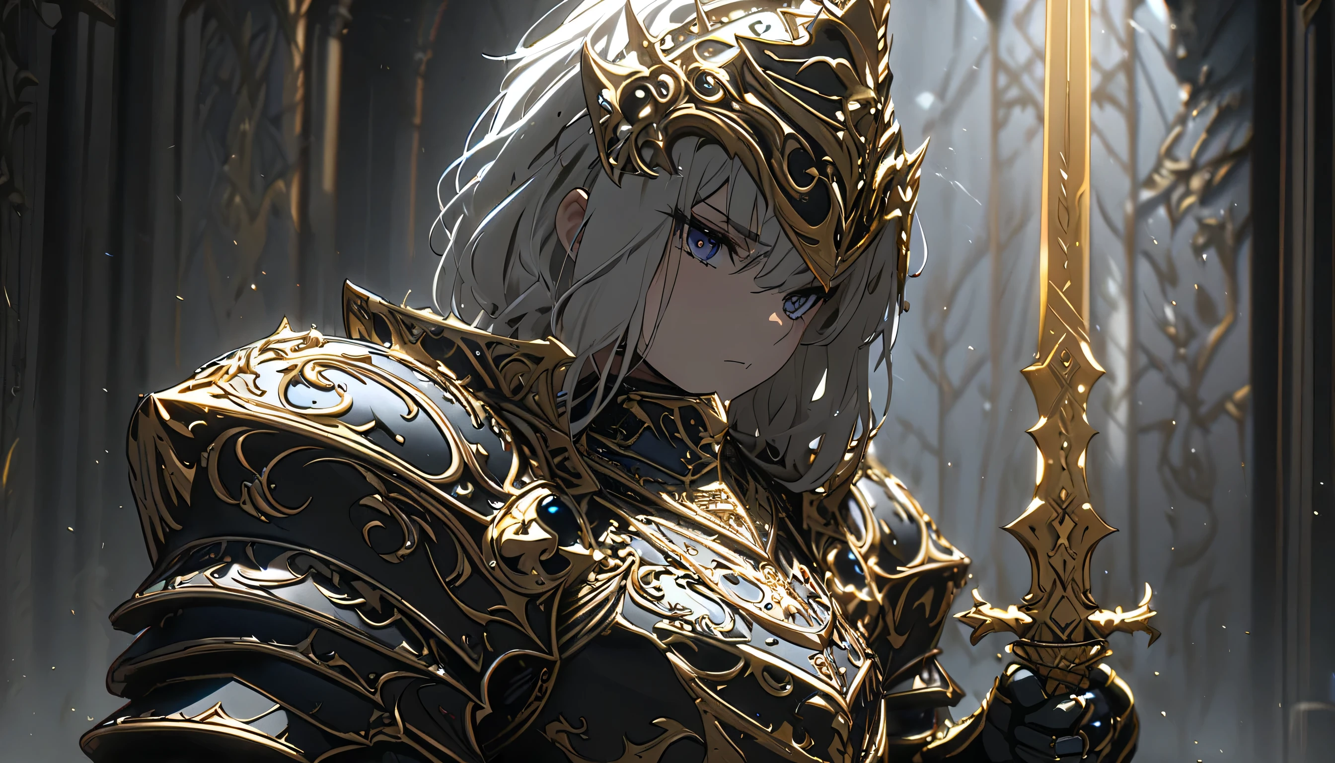 8k、Masterpiece、Royal Knights,The entire body is covered in luxurious heavy armor with gold engravings on a black enamel base.,Point the knight's sword at the sky,Sports Late,Cleavage close-up,Solemn,Flat Chest,moderate,Humble,Cinematic, High resolution, original, complicated, high quality, Gorgeous shades, complicated details, Ultra-fine,OC Rendering