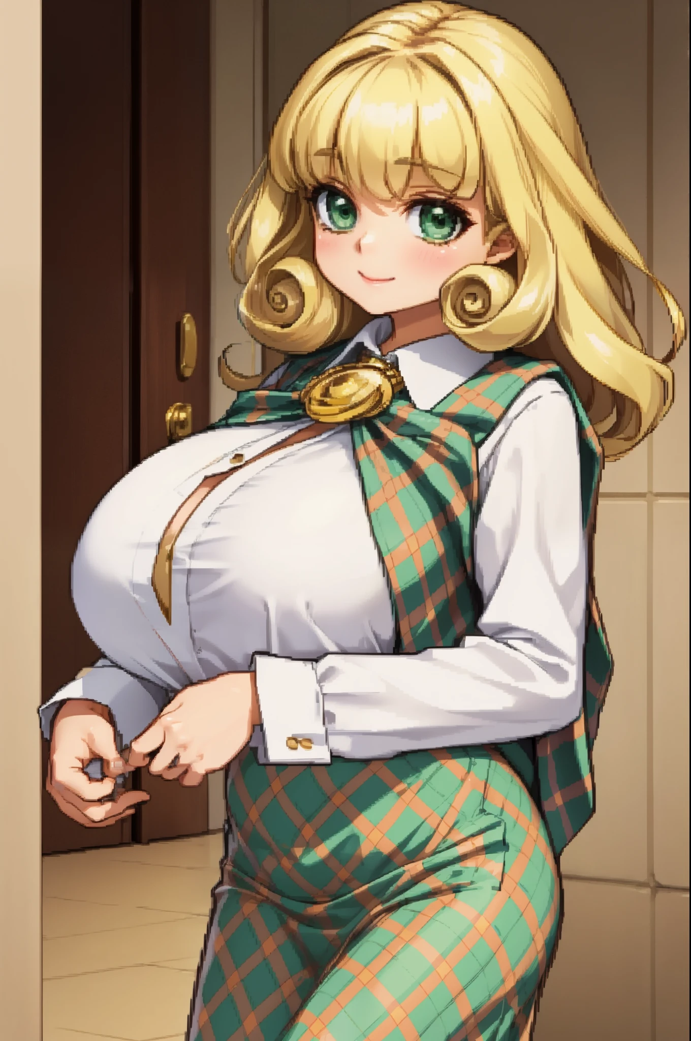 azurecheryl, blonde hair, green eyes, curly hair,
plaid shawl, dress, plaid skirt, long skirt, long sleeves, brooch, white blouse, large breasts