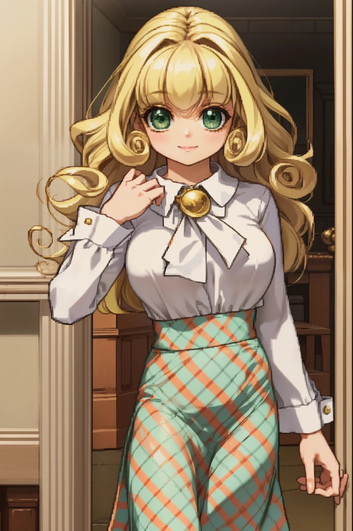 azurecheryl, blonde hair, green eyes, curly hair,
plaid shawl, dress, plaid skirt, long skirt, long sleeves, brooch, white blouse,