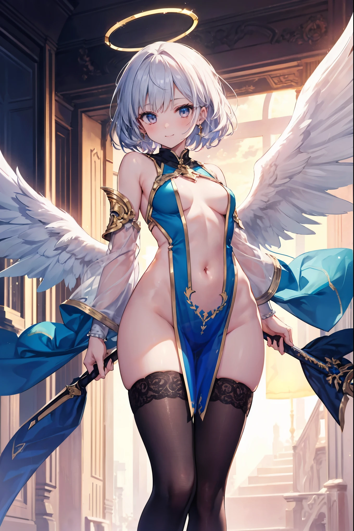 fantasy, 1angel_girl,(_teen:, ,brown_hair, medium_bob_hair, long_bangs, halo,bare_shoulder,thighhighs,silver_armor, waist_armor, large_breasts,angry,grinning,open_mouth_teeth, 1pair_wings, dynamic_pose_fighting,floating, bare_crotch, headgear,gauntlet, greaves,city_background,slightly_spread_legs, solo, groin_naked,