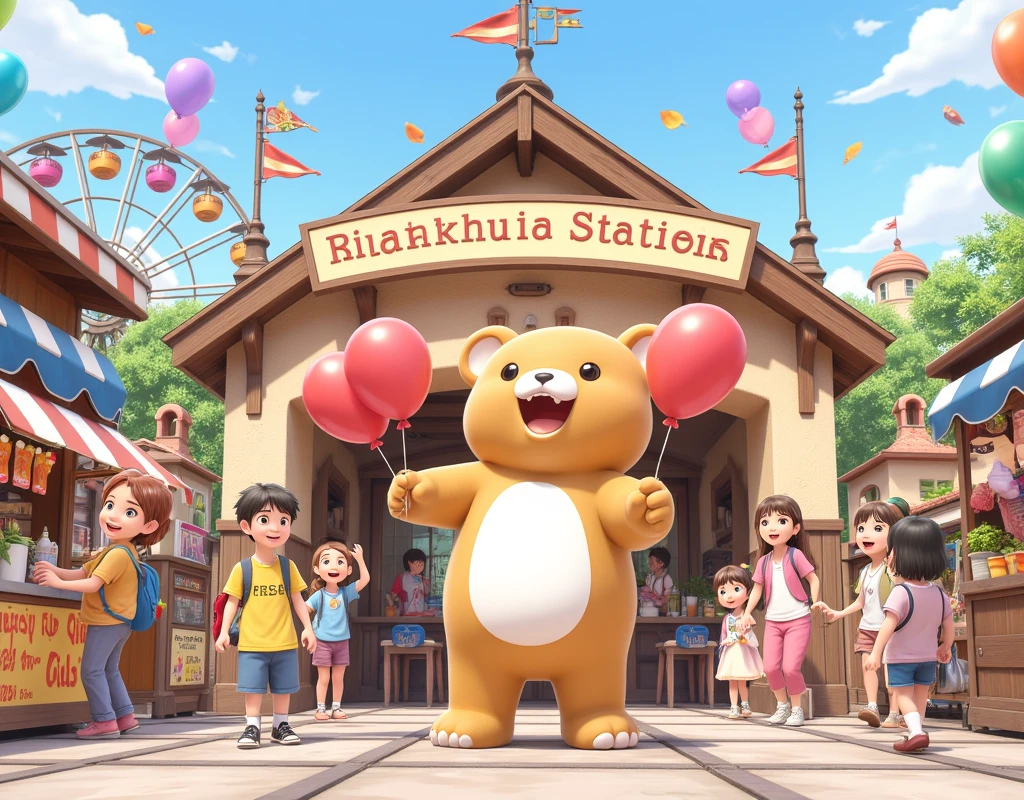 ((masterpiece:1.2, super detail, high quality, best quality,  highres icon, Best illustration)), Station with a cute design , Scenery in front of the station , The entrance to the station can be seen, fun, fun雰囲気, Ferris Wheel, Balloons dance ,  sign, "STATION" break, 列車 break かわいいクマの着ぐるみ,  face like Rilakkuma, 赤い風船を持って配っている break 笑顔の子ども, Families, Lined with food stalls