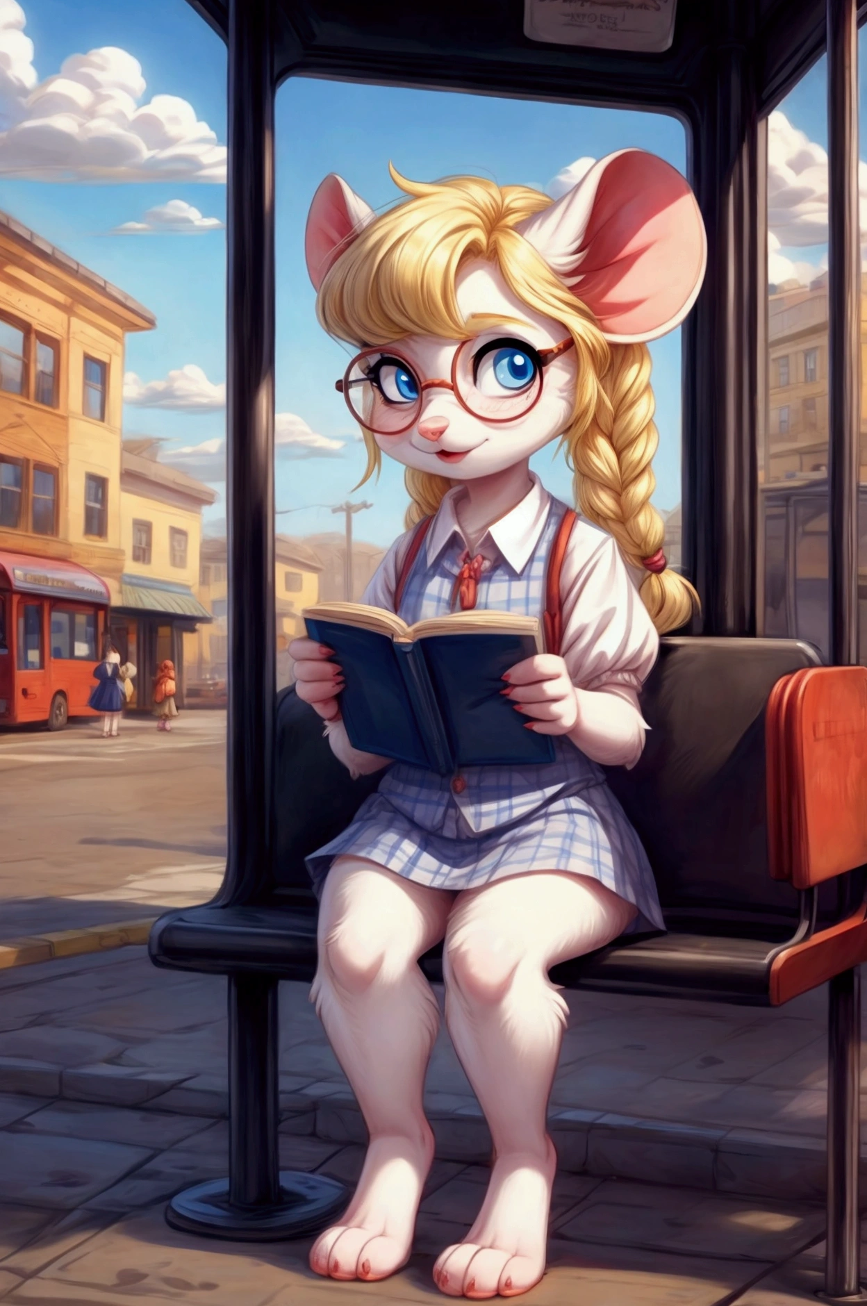 A nerdy dorky young grade 5 mouse girl with white fur and blonde hair in braids and blue eyes large round glasses waiting at a bus stop in the bad part of town, in a cute anthro cartoon style