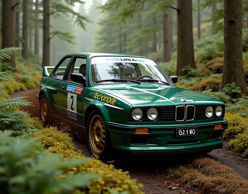 Bmw e30  green rally car in forest