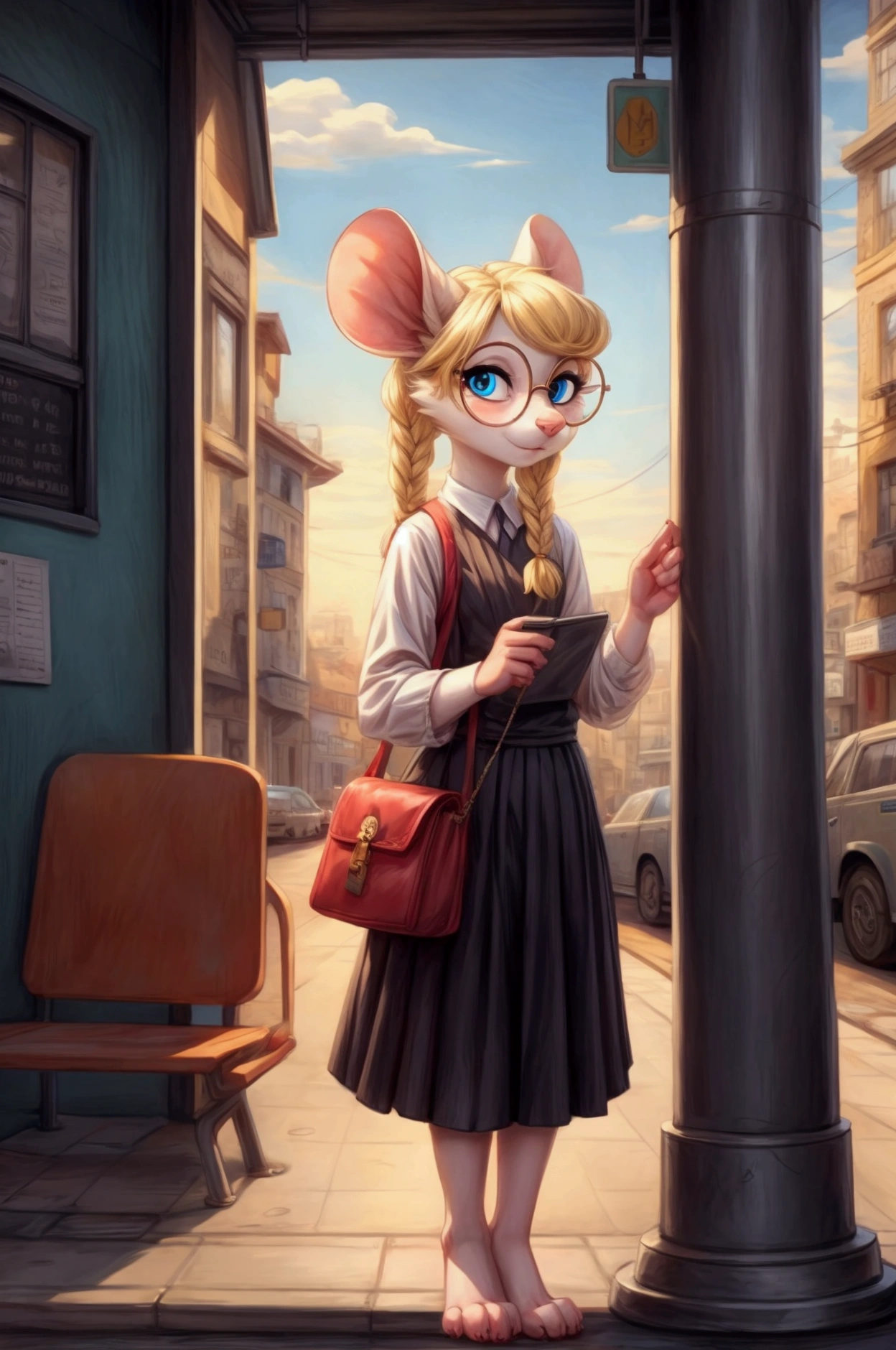 A nerdy dorky young grade 5 mouse girl with white fur and blonde hair in braids and blue eyes large round glasses waiting at a bus stop in the bad part of town, in an anthro style