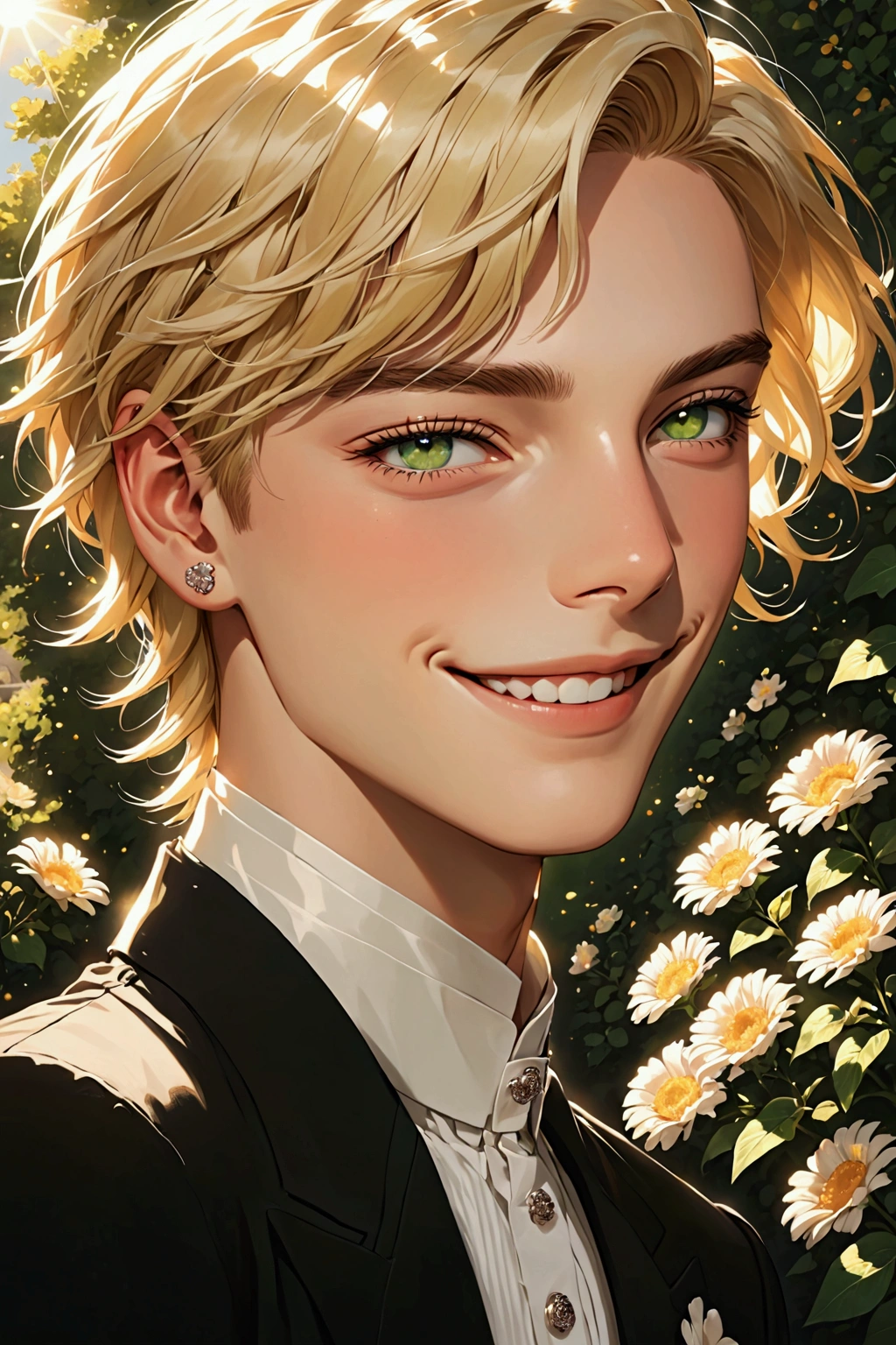 Androgynous boy, Chanel blonde hair, green eyes, smiling, sun shining on his face 