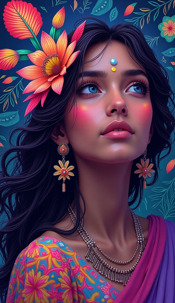 (masterpiece, top quality, best quality, official art, beautiful and aesthetic: 1.2), (1 indian girl: 1.3), extremely detailed, (neon fractal art: 1.1), (multi-color: 1.1) (flower: 1.3), highest detail, (neon zentangle: 1.2), (dynamic pose), (neon abstract background: 1.3), (shiny skin), (multi-color: 1.4), , (earrings: 1.4), (feathers: 1.4) (neon) Full HD, (8k, high resolution, RAW photo, realistic, true-to-life: 1.3), (detailed skin texture, detailed cloth texture, detailed water, detailed body texture, beautiful detailed face: 1.25), professional lighting, photon mapping, beautiful soft light, radiation, physically based rendering, detector ray tracing, model shooting style, model shooting style, (unity 8k super detailed CG background), world's most beautiful full body artwork, (8k, high resolution, RAW image, realistic, photorealistic: 1.3), (detailed skin texture, detailed cloth texture, detailed water, detailed trees, detailed textured flowers, detailed leaves, detailed colors, beautifully detailed faces: 1.25), professional lighting, photon mapping, beautiful soft lighting, brightness, physically based rendering, ray tracing, model shooting style, model shooting style, (unity 8k super detailed CG background), world's most beautiful full body artwork,