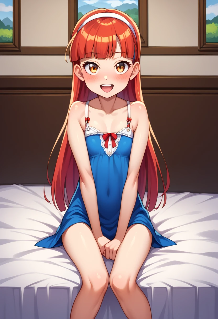 (( best quality)), ((masterpiece)), (be familiar with),  perfect face, indoor, bedroom,  viewer,
One woman,  Yukiko Aikina,
 open mouth,  ecstatic expression with hands in front of body, blush, smile,
Small breasts,  flat chested, Young girl, Lori,  kids,  girl,
 long hair,  Long Hair,
Leg spread,