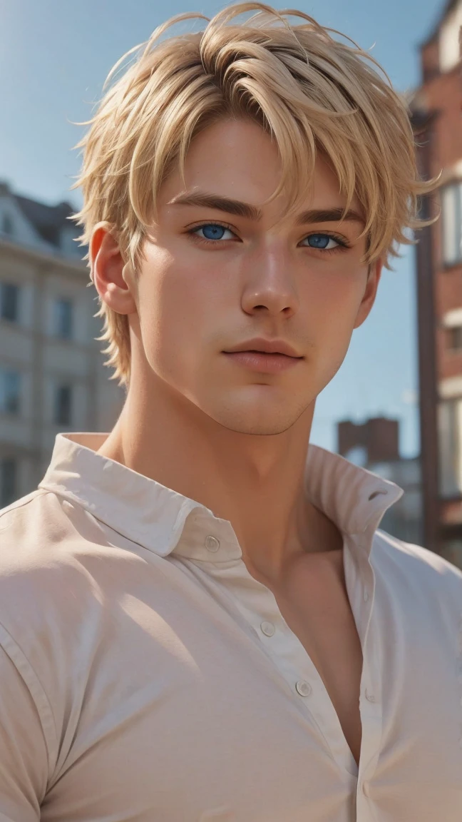 man ,blond, blue colored eyes, white undershirt