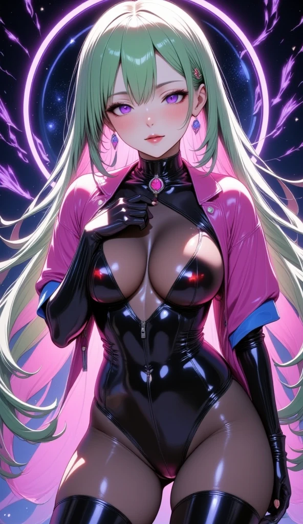  mature beautiful woman with ,( best quality, very detailed depiction , Incredible High Resolution ,High quality anime drawings),(Magical girl costume based on black and pink, latex bodysuit ,Body net suit, black tights, thigh-high boots),( green hair,Swirling Eyes,Purple Eyes, Hollow Eyes, Mind Control:2.0,hypnotism,Glossy lips, glamorous body, slender ,stoic,Empty look,Fall,Fallen into evil,Being manipulated,Beautiful legs, healthy legs), cowboy shot:2.0