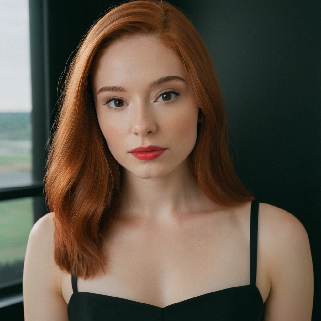 raw photo, raw image, realism,  realistic style , a photo \(Half\) the Katiekones \(Subject\), wearing a black dress \(wardrobe\),  In the room  \(Background Story\),  red hair, thin lips,  diffuse facial skin , , cuerpo entero,  portrait, high,  better quality ,  Totally clear , 4k photography,  realistic detailed skin texture , (blush:0.5), (Goosebumps:0.5),  subsurface dispersion , unedited RAW cinema,  16 mm ,  color rated portra 400 film, remarkable color, ultra realistic, textured skin,  remarkable detailed pupils ,  realistic matte skin noise ,   visible skin detail  , diffuse skin , dry skin,  shot with cinematic camera 