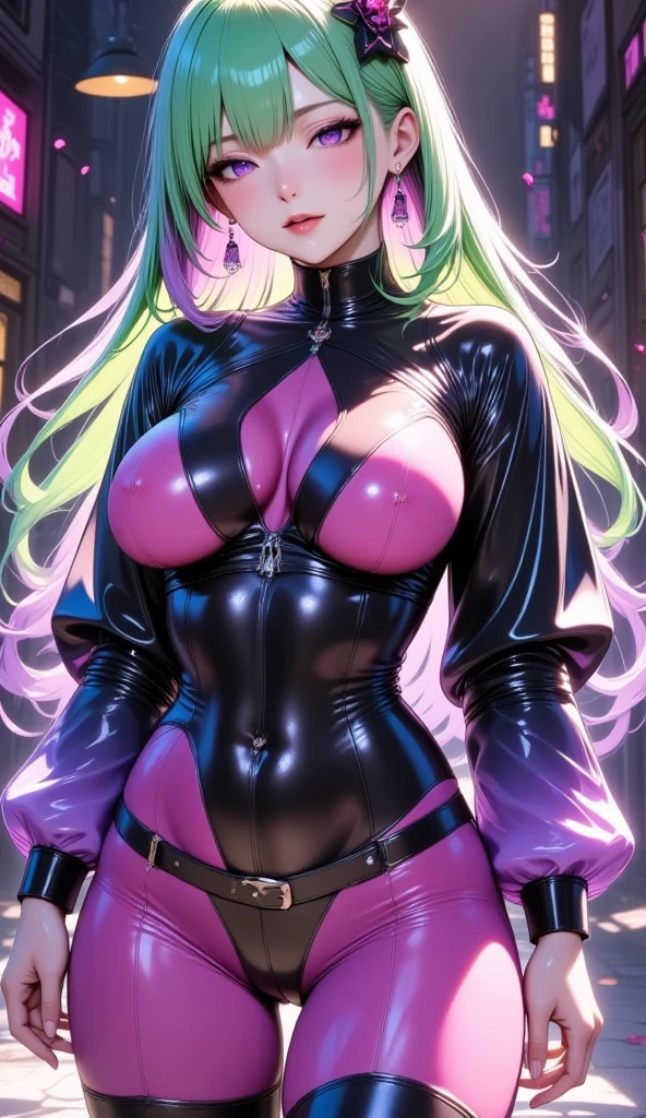  mature beautiful woman with ,( best quality, very detailed depiction , Incredible High Resolution ,High quality anime drawings),(Magical girl costume based on black and pink, latex bodysuit ,Body net suit, black tights, thigh-high boots),( green hair,Swirling Eyes,Purple Eyes, Hollow Eyes, Mind Control:2.0,hypnotism,Glossy lips, glamorous body, slender ,stoic,Empty look,Fall,Fallen into evil,Being manipulated,Beautiful legs, healthy legs), cowboy shot:2.0