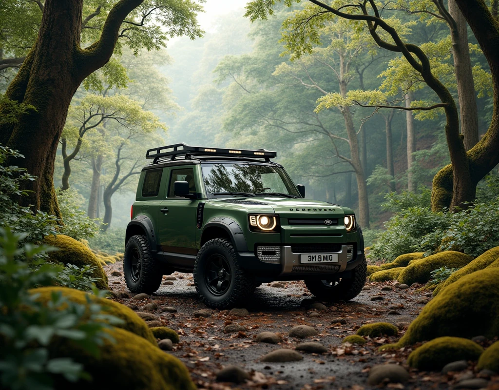 A big forest a Land Rover defender car 