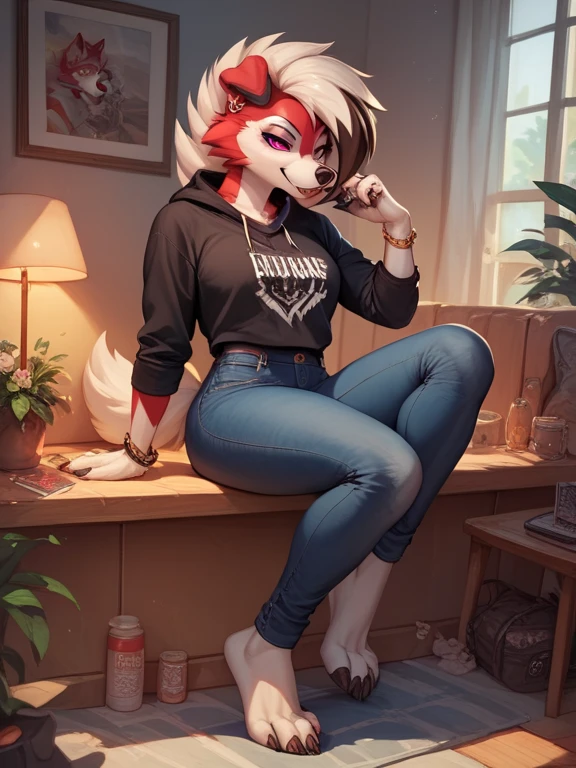  Lycanroc anthropomorphic nocturnal girl,   with hourglass figure, Exhausting,  black long sleeve sweatshirt without fastener ,  knee-length black jeans,   black eye shadow  , rings in one ear ,  and a bracelet with spikes on the wrists , barefoot,  full body 