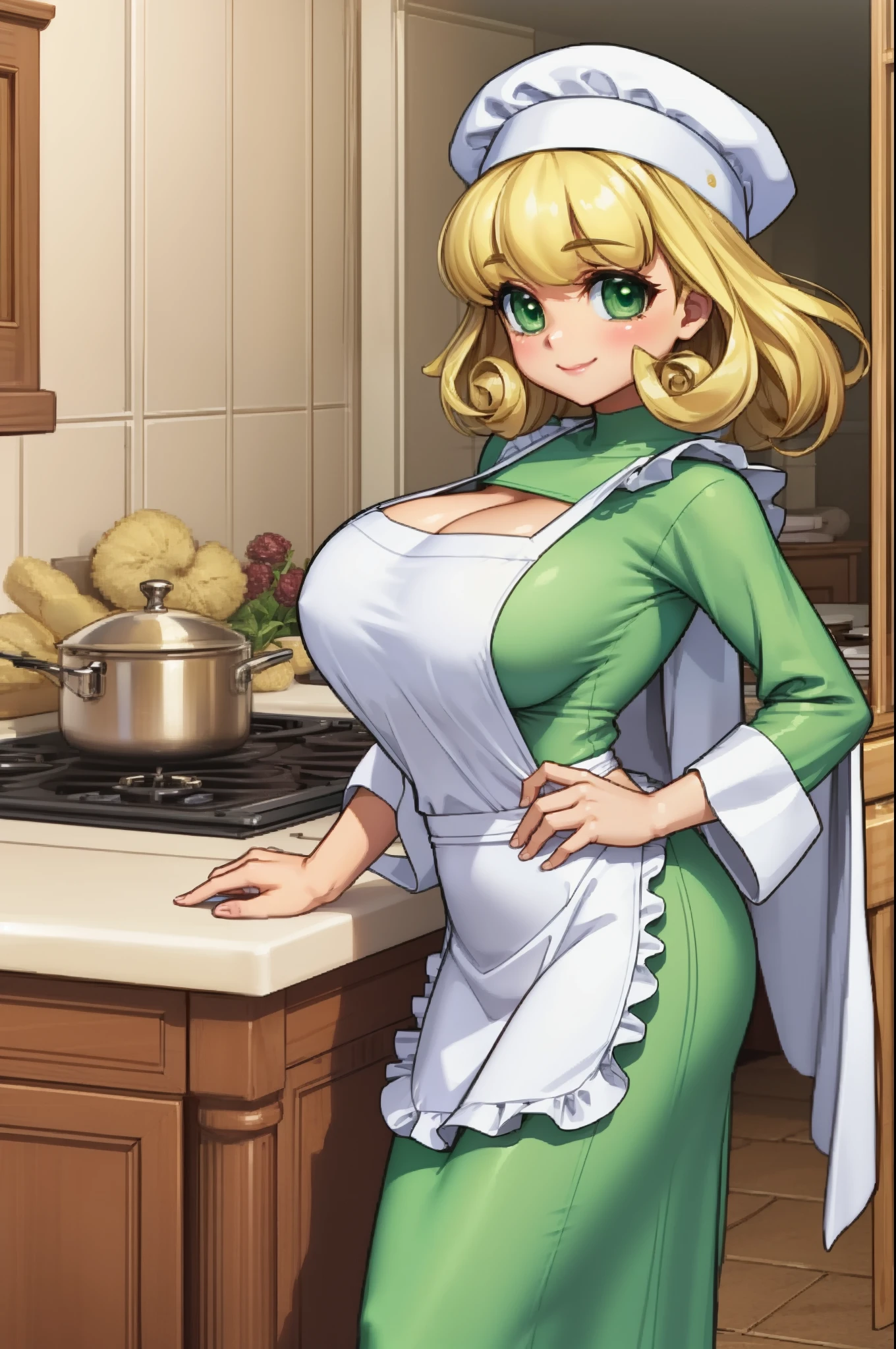 azurecheryl, blonde hair, green eyes, curly hair,
white shawl, green dress, long sleeves, long skirt, hat, apron, medium breasts