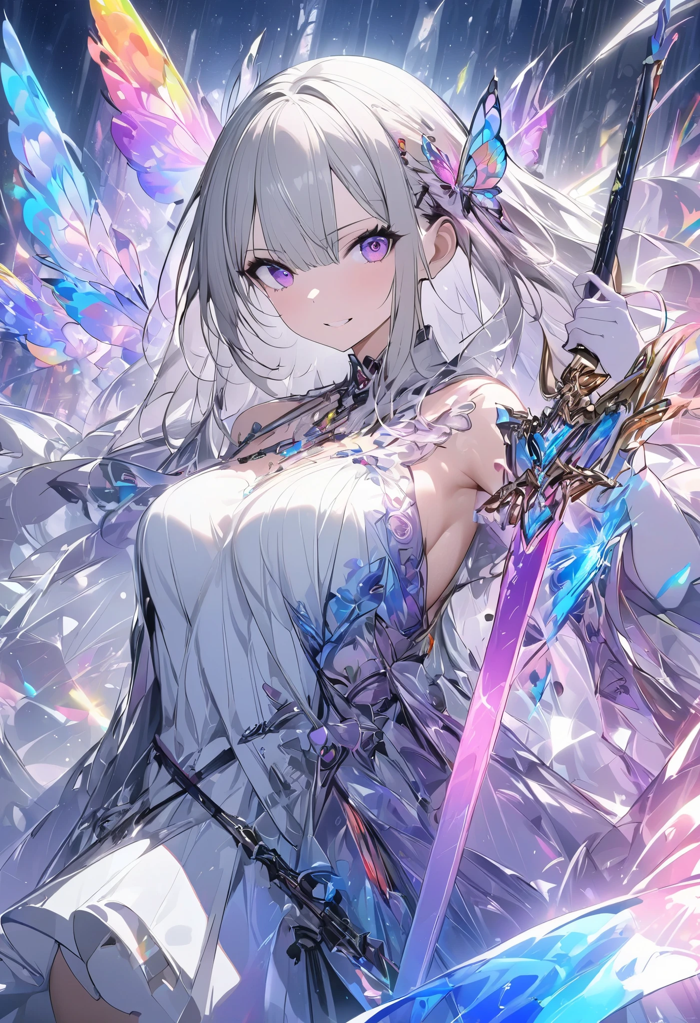 (masterpiece,  best quality :1.2,UHD,High Resolution), colorful ,  1 girl, Gray Hair,  purple eyes,  dual weeding that destroys reality , sword,  has a sword, Blue Flame, Shine, Shine武器, holding a weapon ,  light particles , wallpaper,  Chromatic Avalations,  Too Much Exposed Skin  ,  skirt、 black knee-high 、Destroying reality、I can see the rainbow butterfly 、Diffuse reflection of light、Sword Dance、 laser beams 、Flaming Flames 、 magic 、Luxurious effects