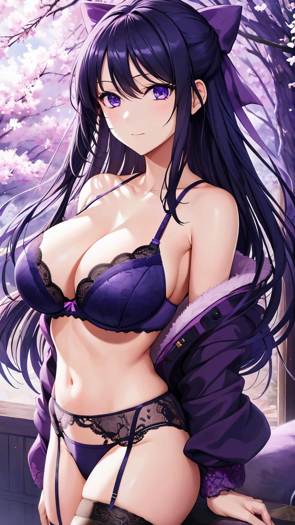 Akane Ryuzoji、 (  best quality) 、 (  best quality) 、(  Masterpiece )、(8k resolution),Beauty、(  mature )（  perfect style ）、( Big Breasts )、 、Dark blue long hair、 Purple ribbon 、  ecstasy look 、（Bring your chest closer）、 purple lace garter belt、Purple lace bra、  showing belly