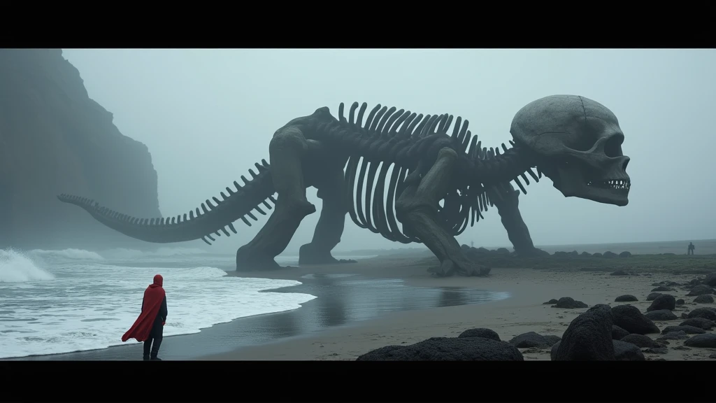 Create a surreal and atmospheric scene set on a desolate, foggy beach. The central focus should be a colossal, weathered skeleton of a giant humanoid lying partially submerged in the sand and surf. The bones should appear ancient, cracked, and eroded, emphasizing a sense of immense scale and mystery. 

In the foreground, depict a lone figure in a vivid red cloak walking towards the skeleton. The figure should be small in comparison, adding to the sense of scale and evoking an aura of intrigue and exploration. The cloak should stand out sharply against the muted, cool tones of the environment, which is dominated by shades of gray, blue, and white.

The beach is rugged, with scattered dark rocks and foamy waves gently lapping at the shore. The surrounding cliffs loom ominously in the background, partially obscured by thick fog, creating a sense of isolation and mystery. The atmosphere should be moody and ethereal, with diffused light filtering through the mist, enhancing the otherworldly feel.

Overall, the composition should evoke a blend of awe, wonder, and foreboding, with a subtle hint of fantasy or post-apocalyptic themes.