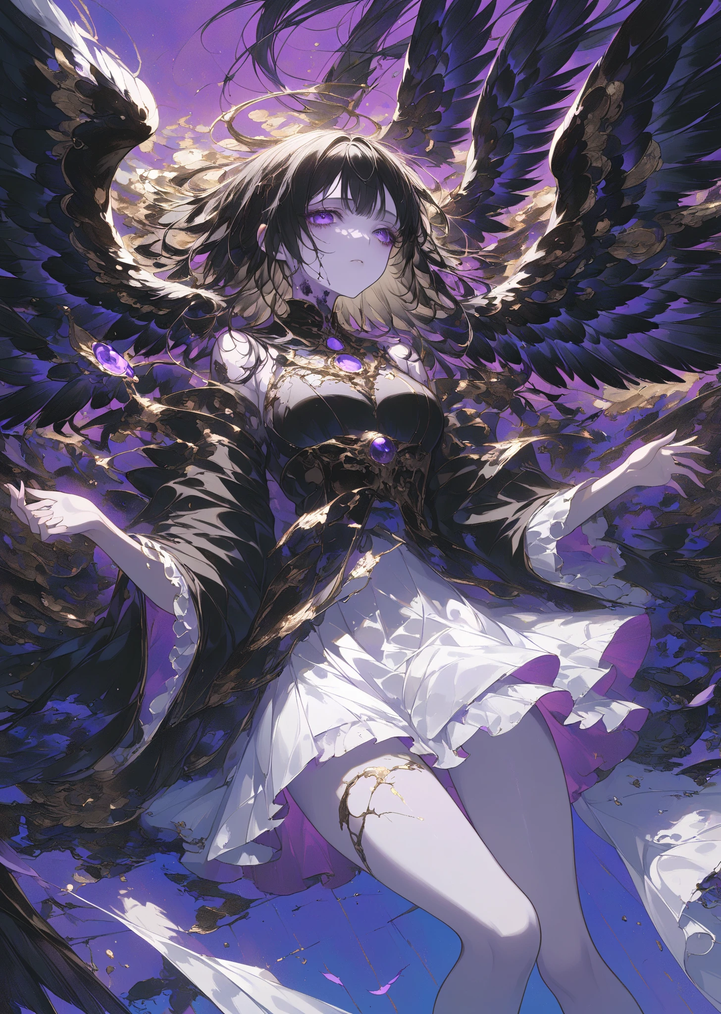 ((Highest quality)),((Very detailed)),masterpiece,Absurd,Detailed face,Beautiful Face,(Fine grain, Deep Eyes),One girl,((Dynamic pose)) ,   Rukia, Purple eyes, Black Hair, alone, arms, sword,, Completely naked, Feeling embarrassed, null, Hair between the eyes, cloud, short hair,  Outdoor, knife, Long Hair, blue null,