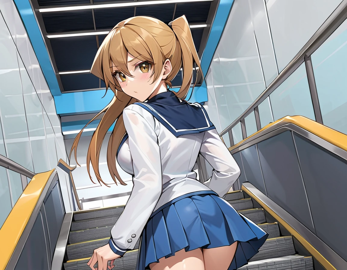 1girl, medium breasts, enjouin_asuka,1girl,blonde_hair,long_hair,duel_academy_uniform_\(yu-gi-oh!_gx\),brown_eyes,hair_between_eyes,large_breasts,yellow_eyes,blue_skirt,white_jacket,miniskirt, covering crotch, covering privates, from behind,escalator , covering ass, best quality, very aesthetic, absurdres,turning his back to face the viewer 